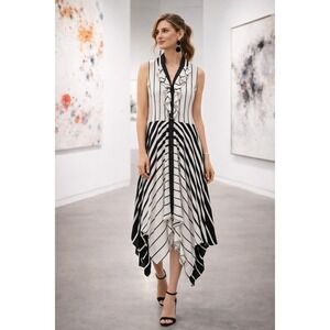 Samuel Dong Artsy Striped Handkerchief Midi Dress Ruffle Hem Black White S